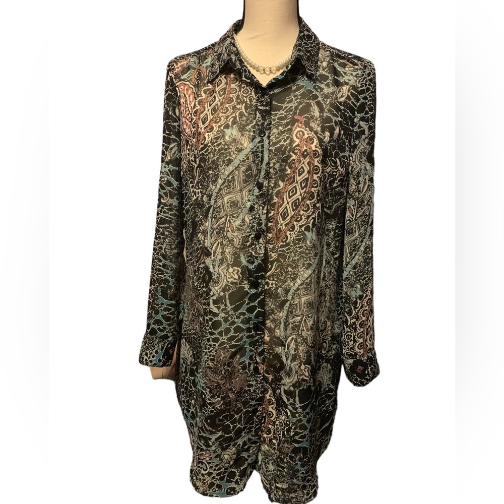 Mlle Gabrielle like new paisley blouse sz S mauve teal black sheer button front